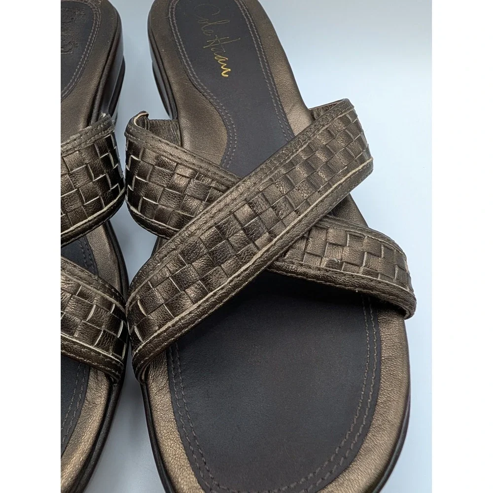 Cole Haan Womens Metallic Bronze Woven Leather Wedge Slide Sandals Platform 7.5B